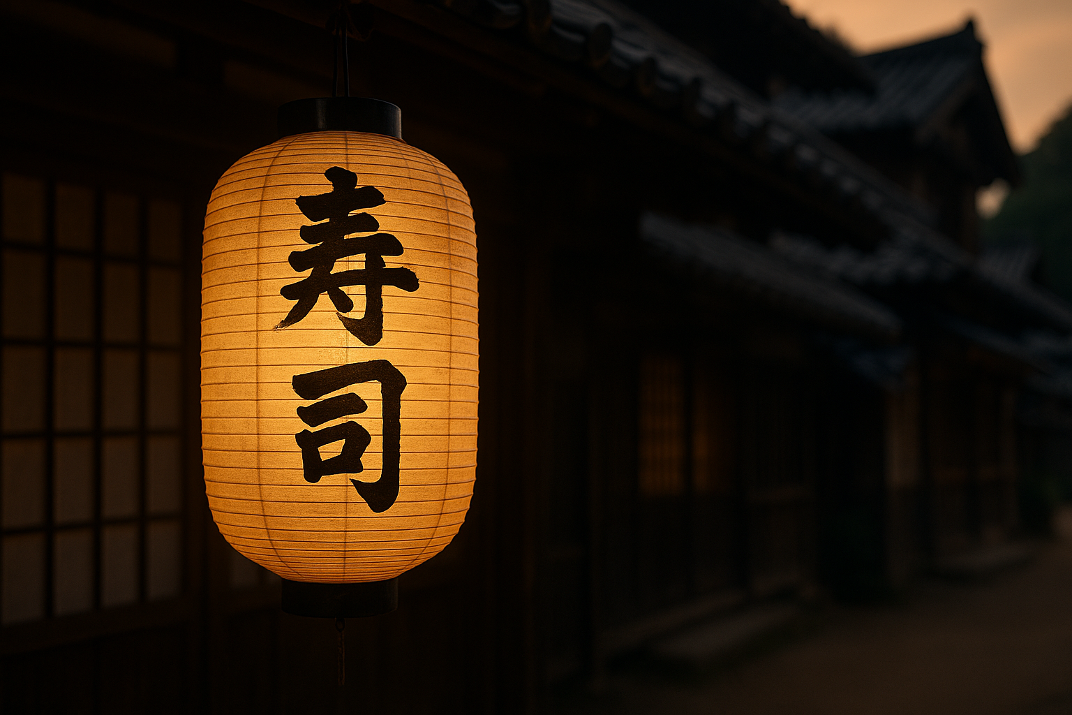 Japanese Paper Lamp with Village House Background